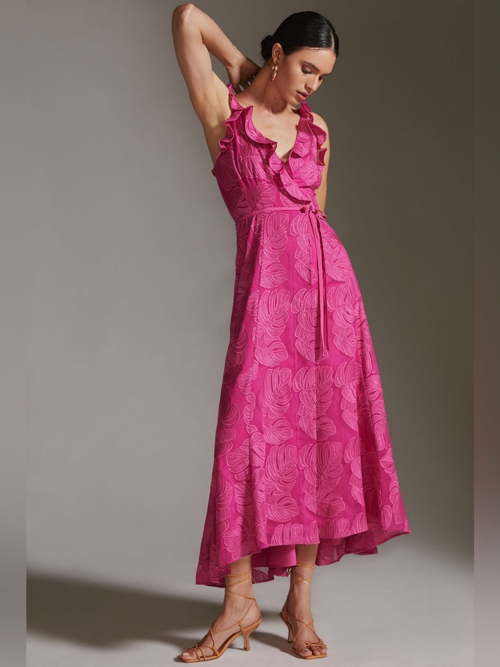 Anthropologie Hutch Ruffle Wrap Maxi Dress Pink Size M Petite Soririty Rush Prom